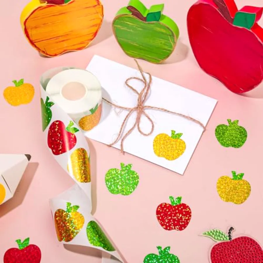Back to School Apples Stickers Roll Holographic Apples Waterproof Decals, view 3