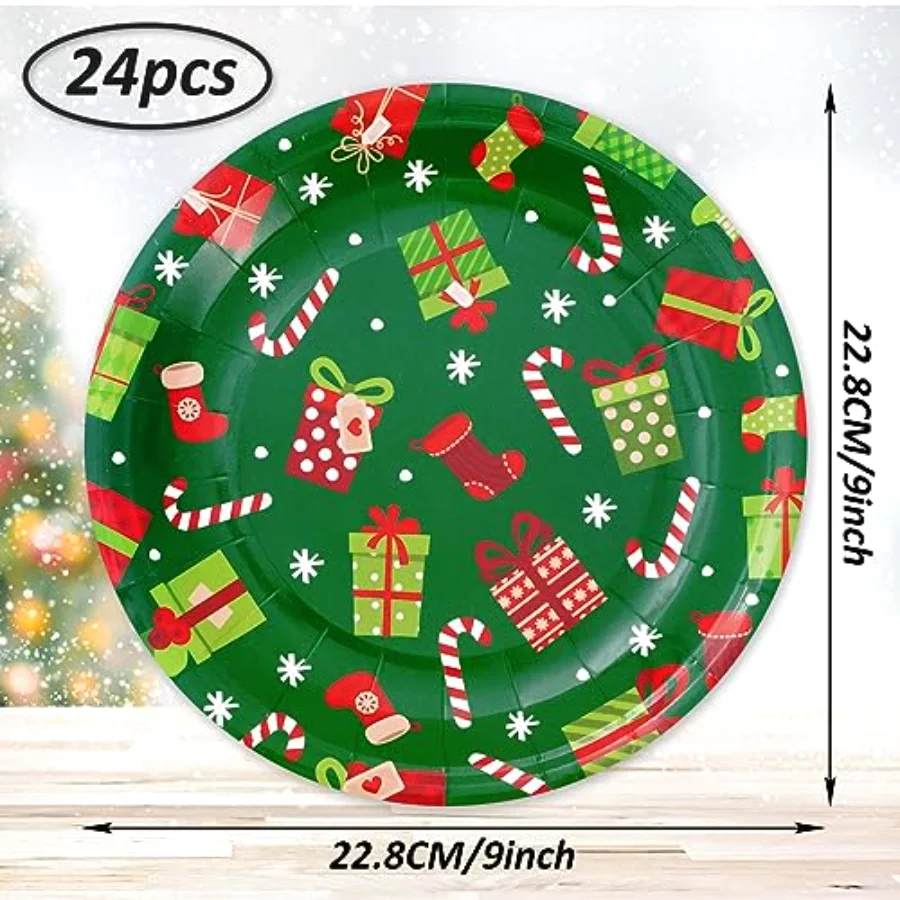Christmas Paper Plates Xmas Holiday Snowflake Gift Box Print Round, view 2