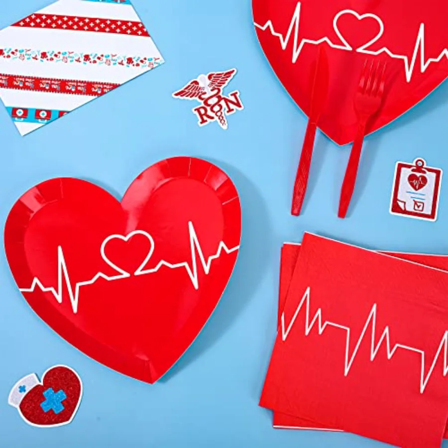 80Pcs 2026 Nurse Graduation Tableware Set Red Heart Rate Prints Disposable, view 4
