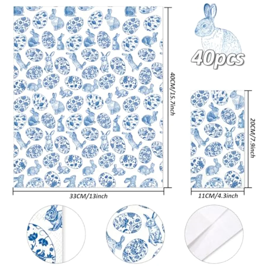 40 Pcs Easter Guest Napkins Paper Napkins Blue White Chinoiserie Bunny, view 2