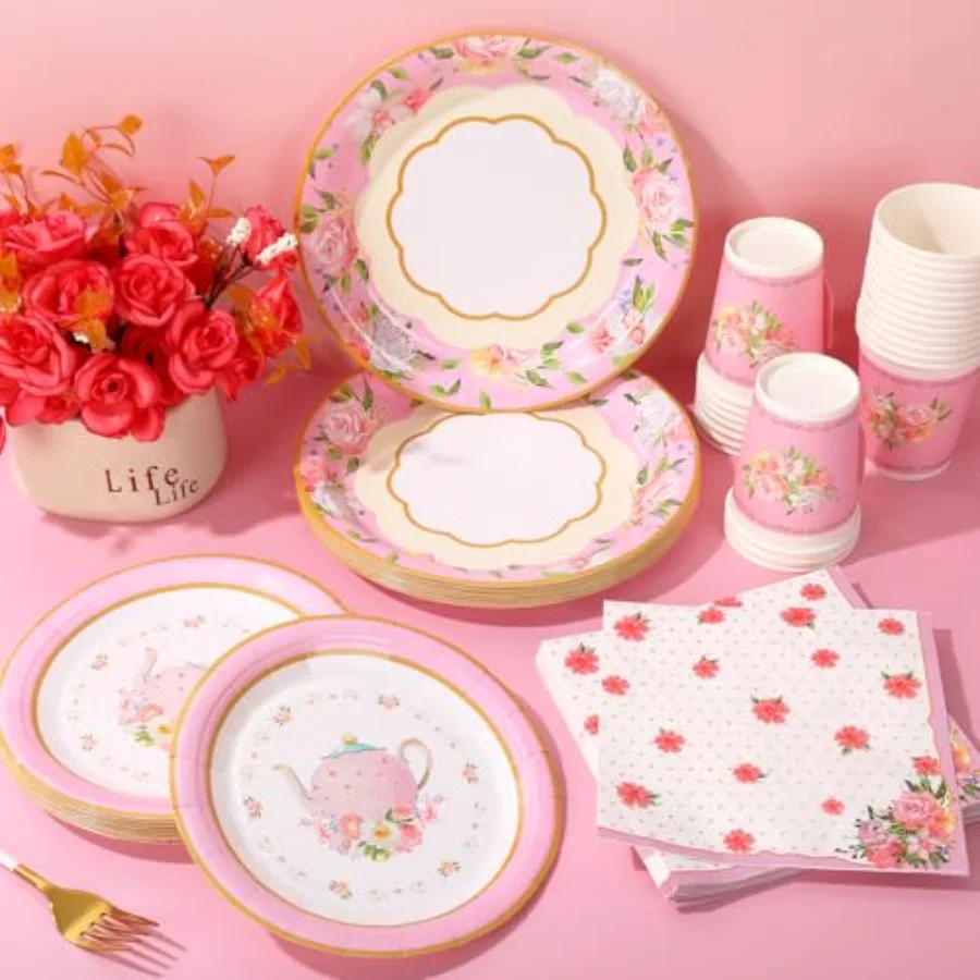 Pink Tea Party Tableware Supplies Serves 24 Pink Floral Tea Party, view 3