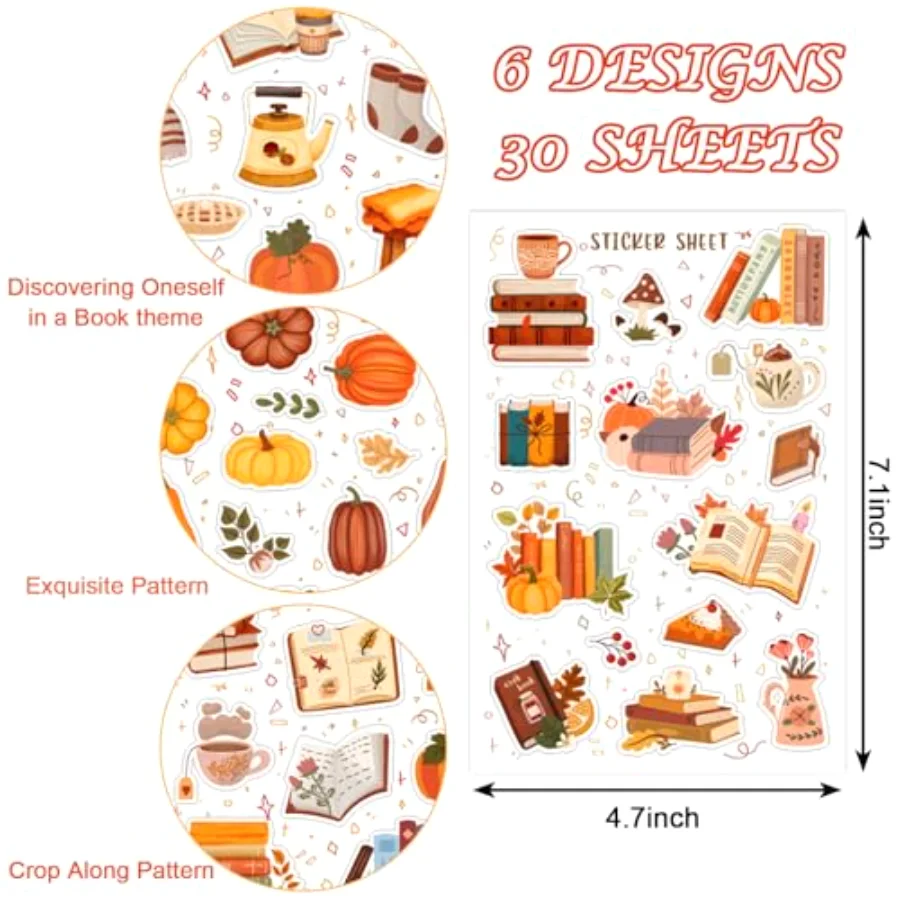 30 Sheet Fall Scrapbook Stickers Book Pumpkin Leaves Journal Decals for, view 2