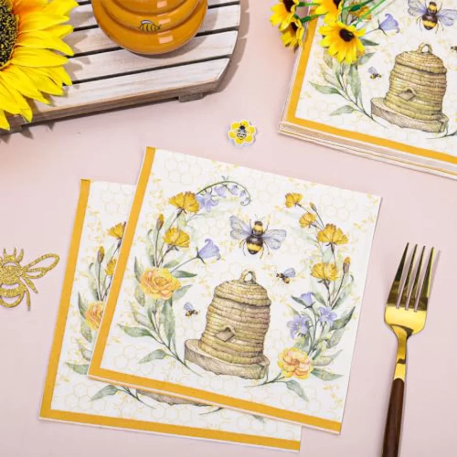 80Pcs Bee Flower Paper Napkins Disposable Summer Bee Yellow Luncheon, view 4