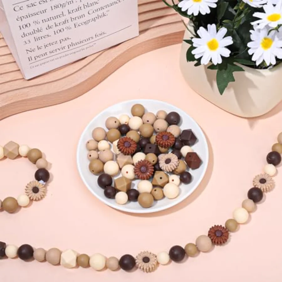 100Pcs Daisy Flower Silicone Beads with Elastic Rope Brown Round Hexagon, view 4