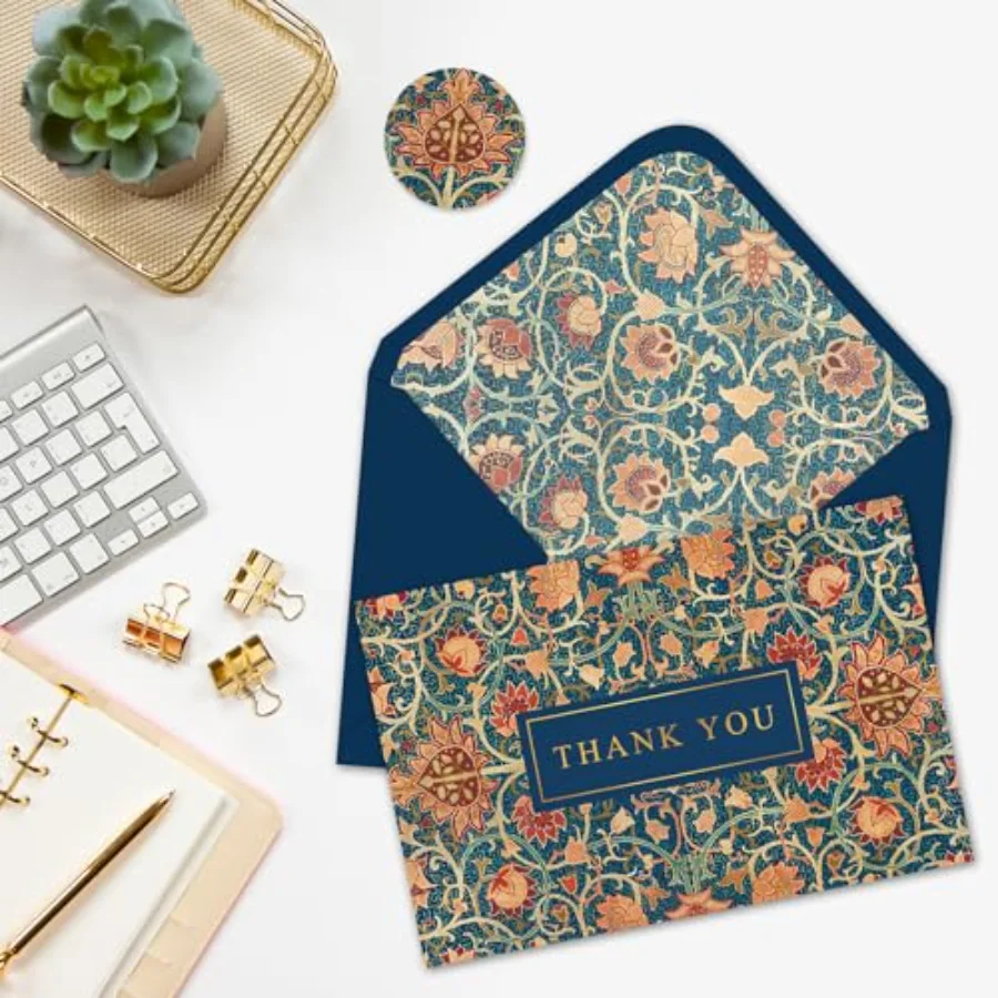 24 Pcs Flower Thank You Cards Greeting Cards Vintage Blue Floral Gold Foil, view 4