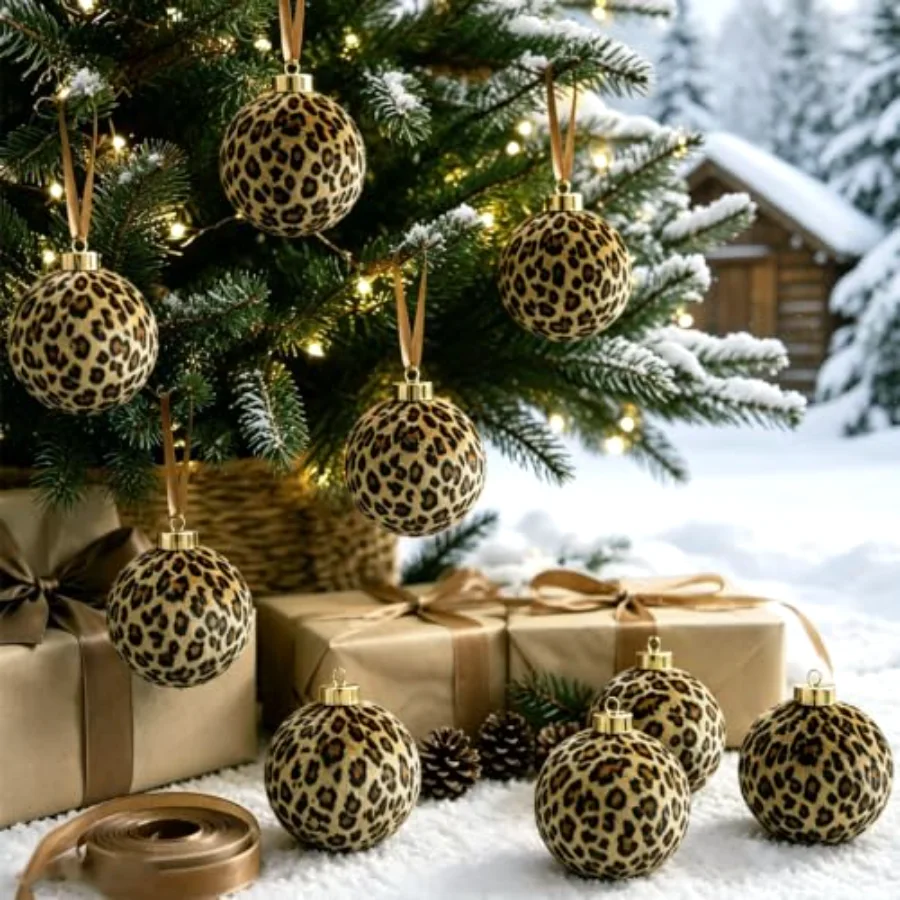 9Pcs Leopard Print Christmas Ball Ornaments 3.1 Inch Cheetah Print Hanging, view 2