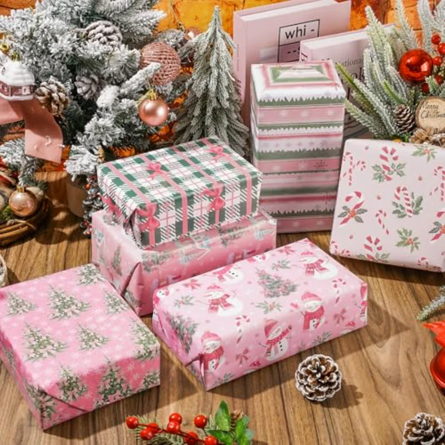 12 Sheets Christmas Tree Wrapping Paper - Not Roll - Pink Snowman Bow Xmas, view 4
