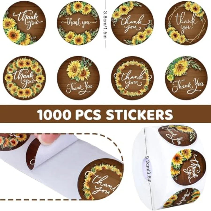 1000Pcs Sunflower Thank You Stickers Roll 8 Designs Floral Thank You Round, view 2