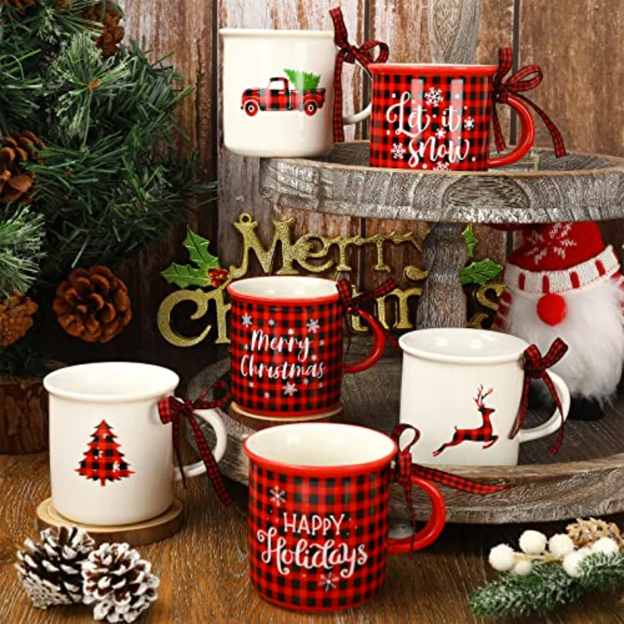 6Pcs Christmas Mini Coffee Mug with Ribbon Red Black Plaid Truck Reindeer, view 4