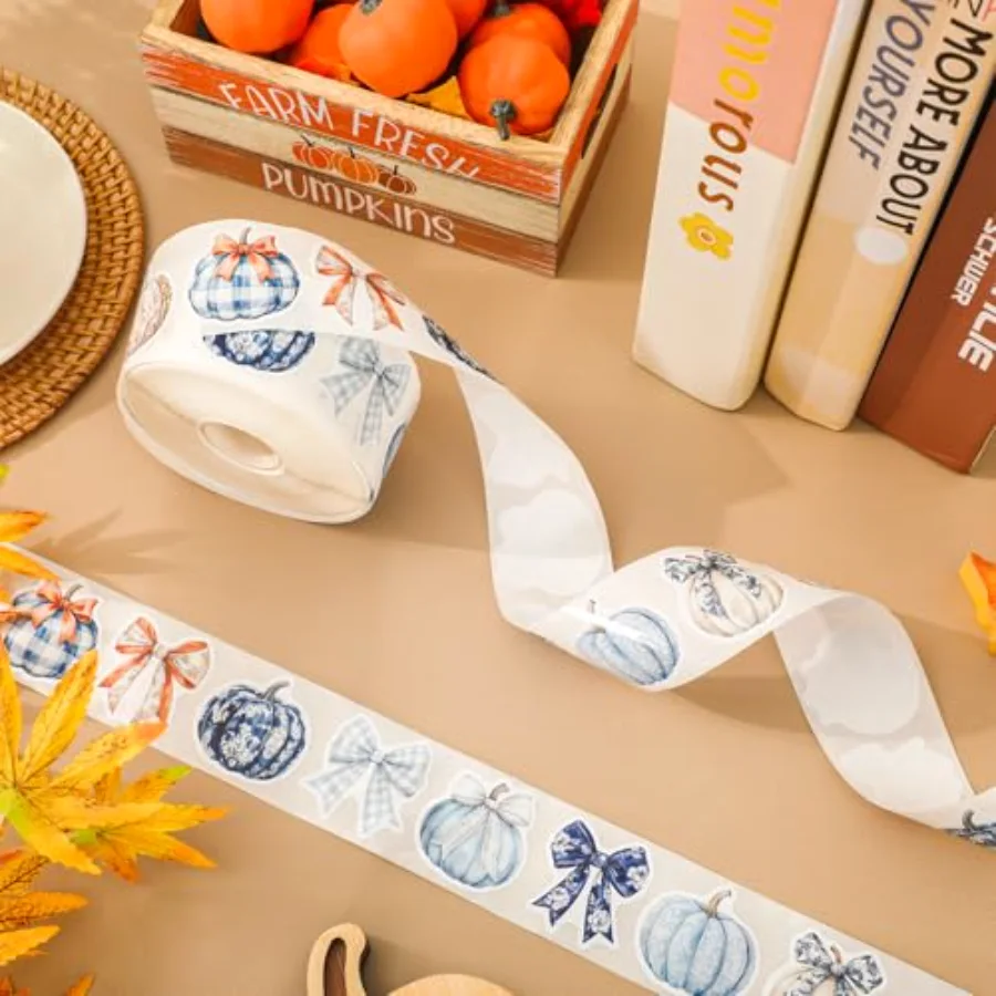 1000Pcs Fall Sticker Blue Orange Chinoiserie Pumpkin Bow Self Adhesive, view 3