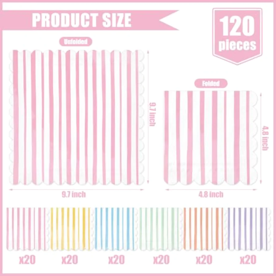 120 Pcs Scalloped Pastel Cocktail Napkins 6 Mixed Stripe Ice Cream Paper, view 2