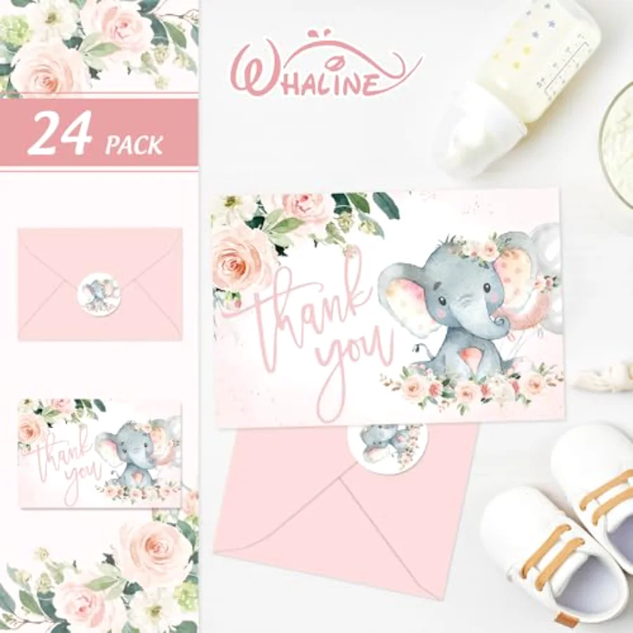 24 Pack Baby Shower Thank You Cards Elephant Flower Greeting Card with, view 3