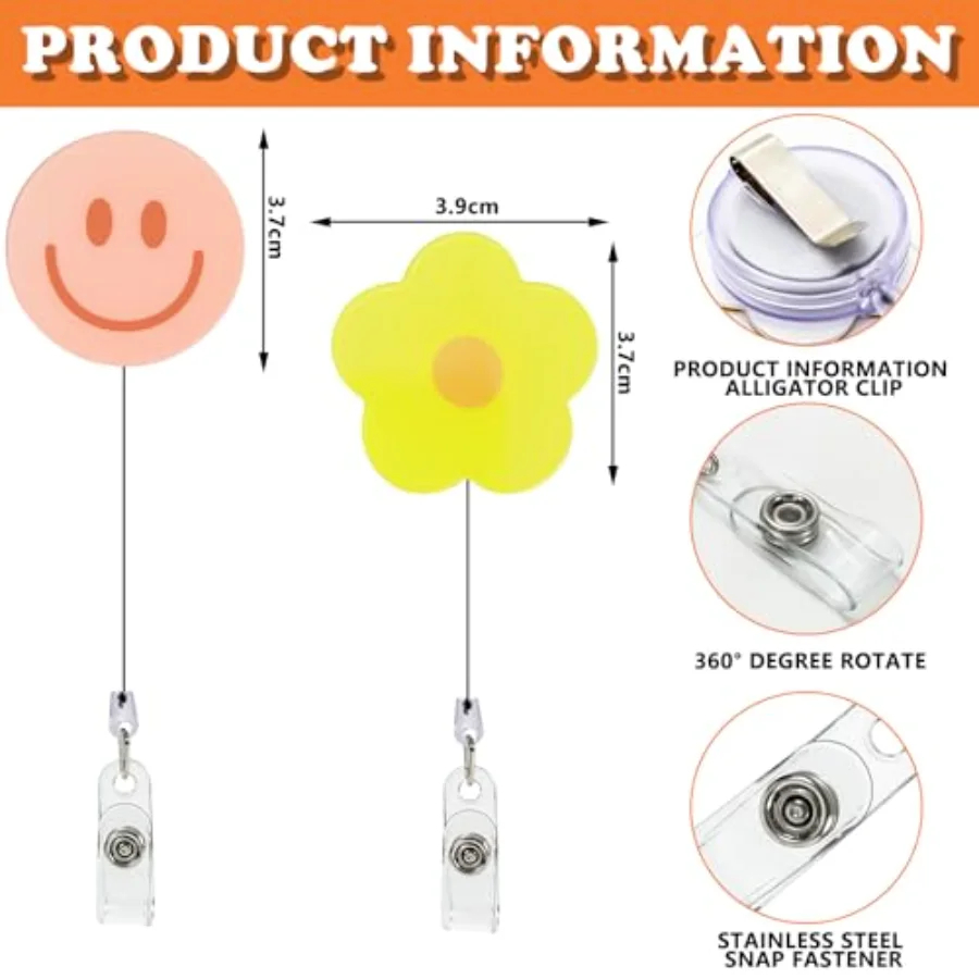 8Pcs Flower Smile Face Badge Reel with Clips Retractable Cord Pastel, view 2