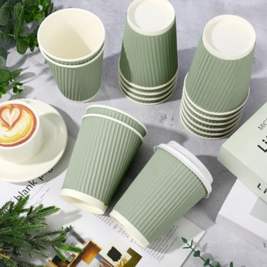 100 Pcs Sage Green Disposable Coffee Cups with Lids 12 Oz Solid Green, view 3
