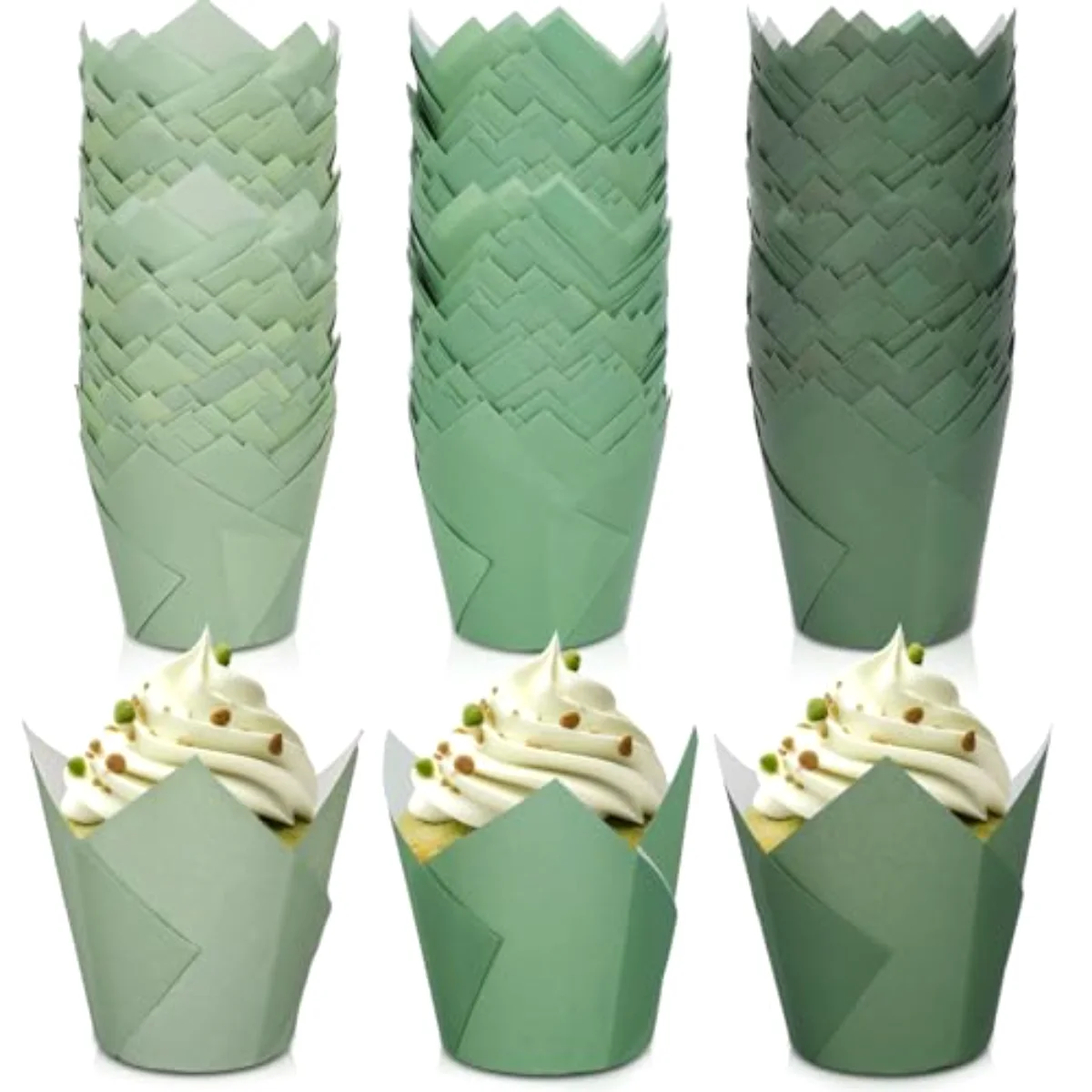 180Pcs Gradient Green Tulip Cupcake Liners Sage Green Tulip Muffin Baking