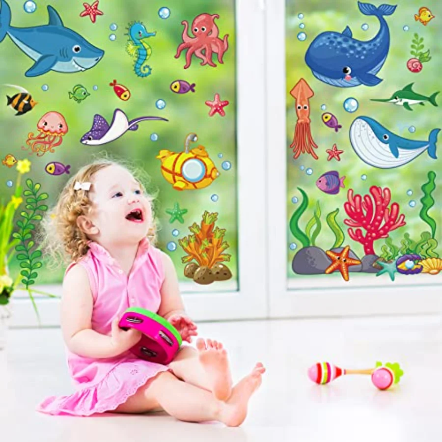 9 Sheets Summer Ocean Themed Window Clings Stickers Cartoon Sea Life Under, view 3