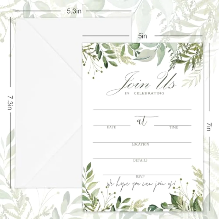25 Sets Greenery Invitations with Envelopes Stickers Watercolor Green, view 2