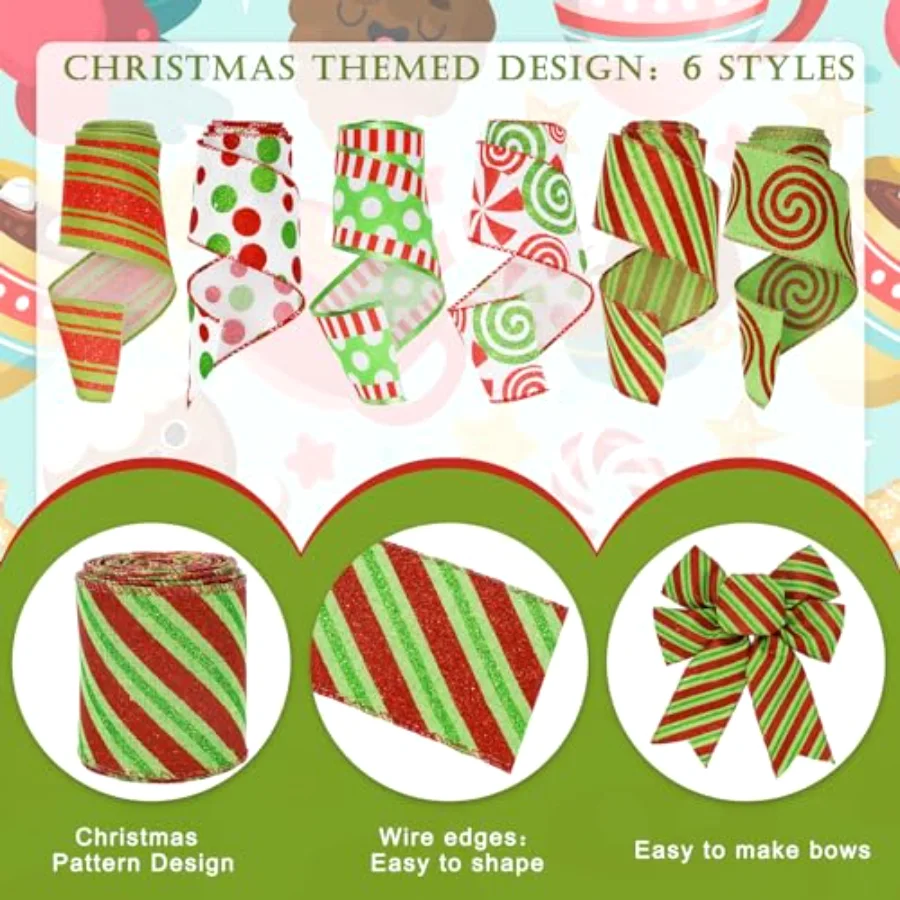Christmas Ribbons 36 Yards Dot Stripe Candy Wired Edge Ribbon Red Green, view 3