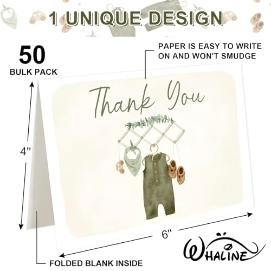 50 Pack Baby Shower Thank You Cards Boxed Vintage Green Baby Cloth Note, view 2