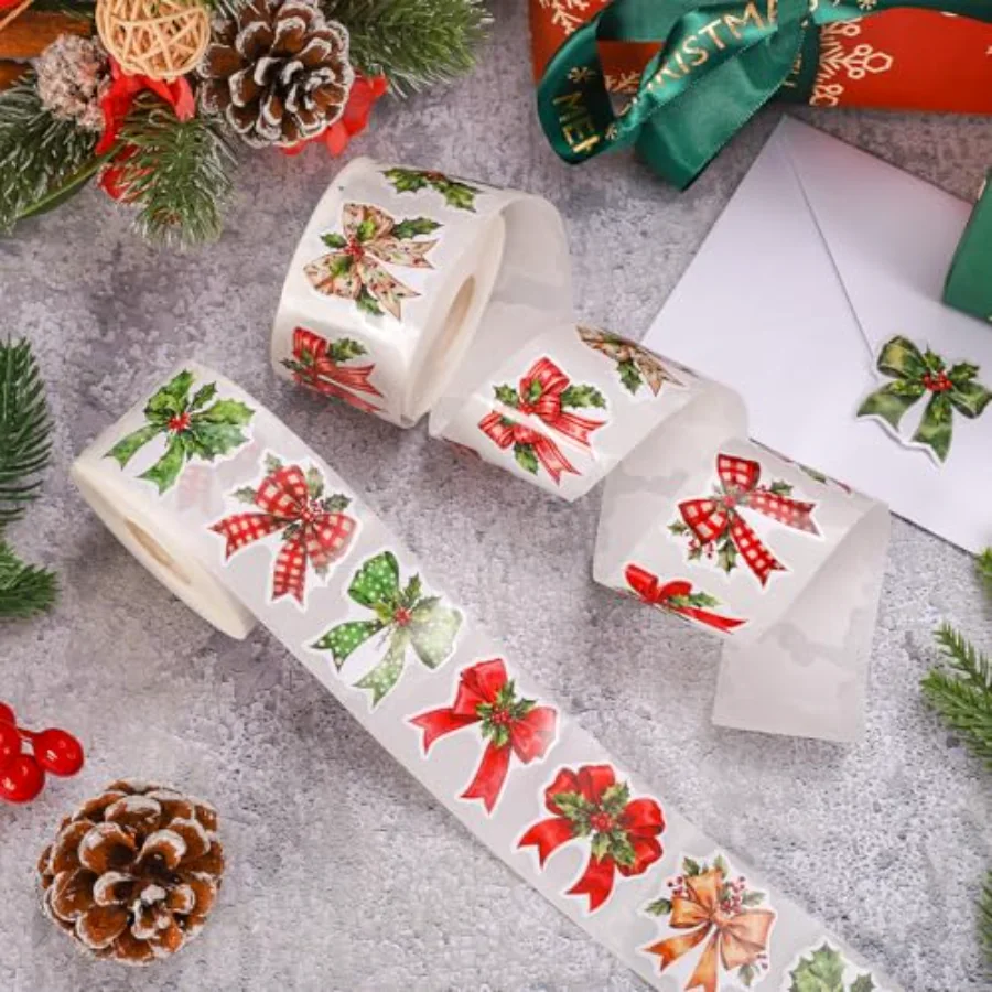 1000 Pcs Christmas Bow Stickers Roll Xmas Holly Berry Bowknot, view 3