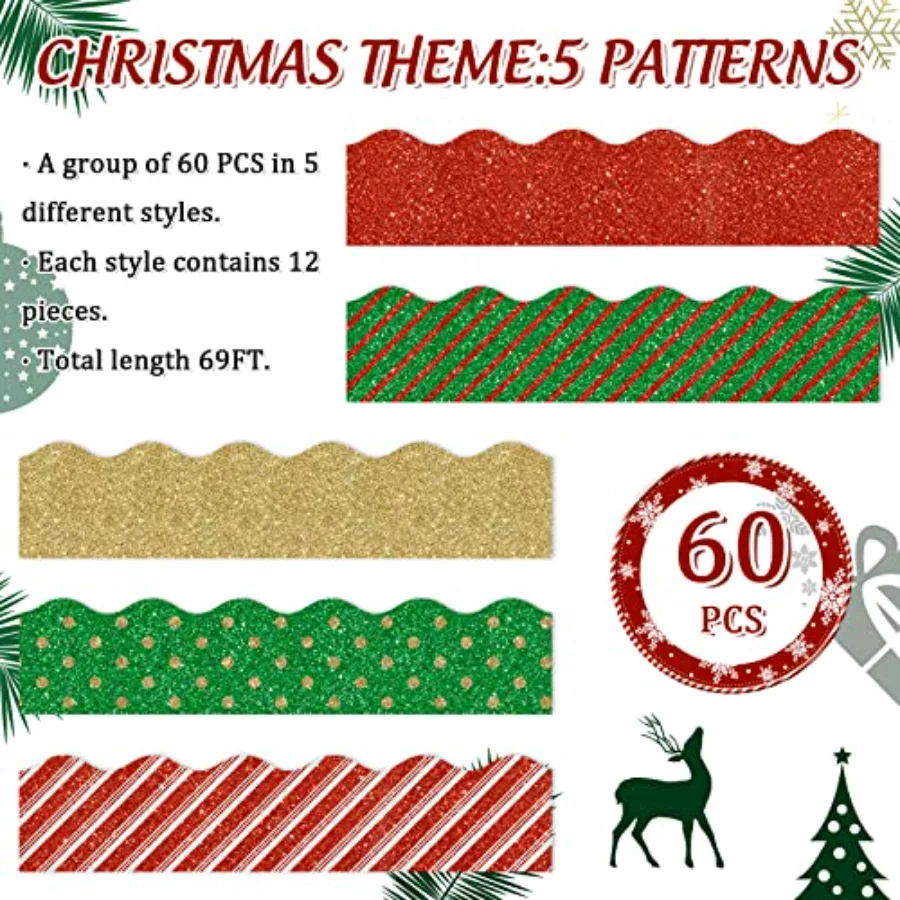 69Ft Christmas Glitter Bulletin Board Borders 5 Designs Shine Stripe Dot, view 3