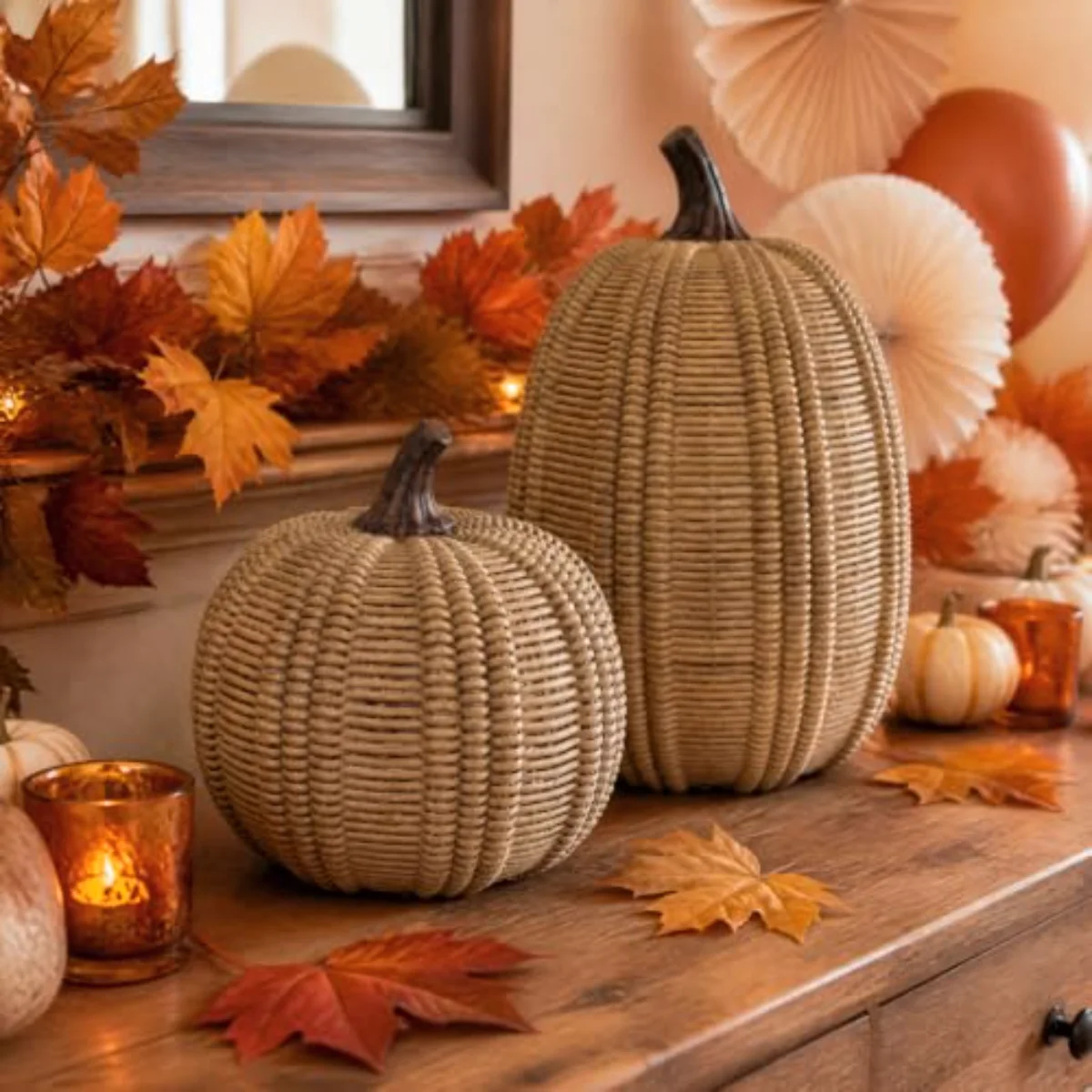 Fall Thanksgiving Pumpkin Decoration 2Pcs Artificial Rattan Resin Pumpkins