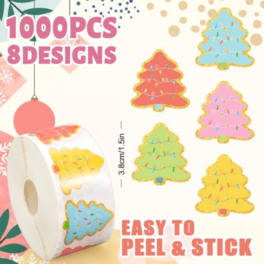 1000 Pcs Christmas Tree Stickers Roll Holographic Colorful Light Bulbs, view 2