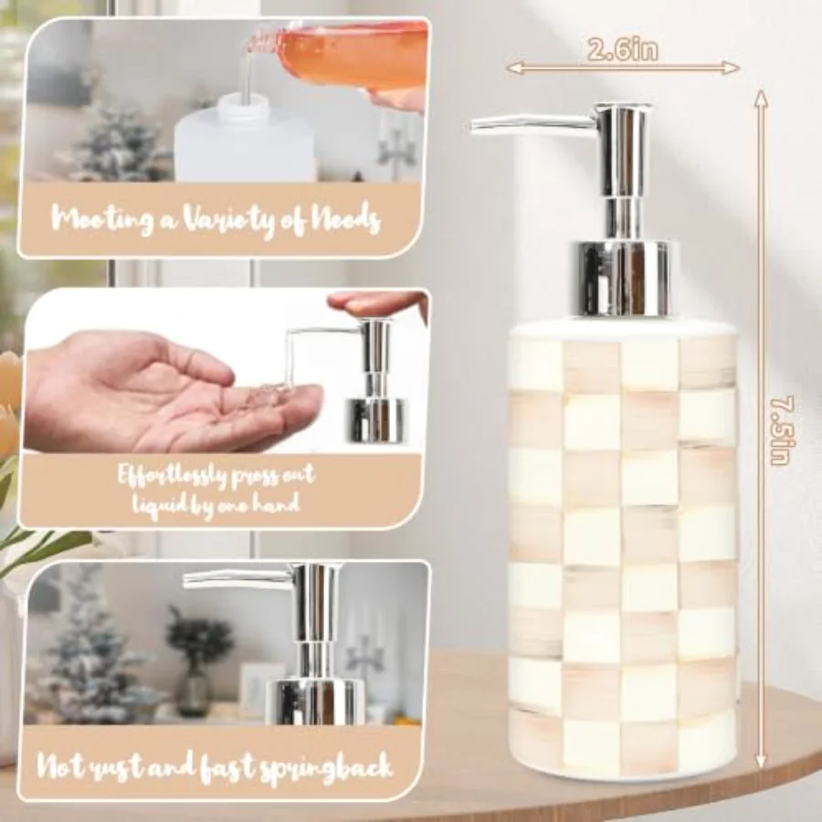 1 Pc Plaid Soap Dispenser Glass Beige White Checkered Soap Dispenser with, view 2