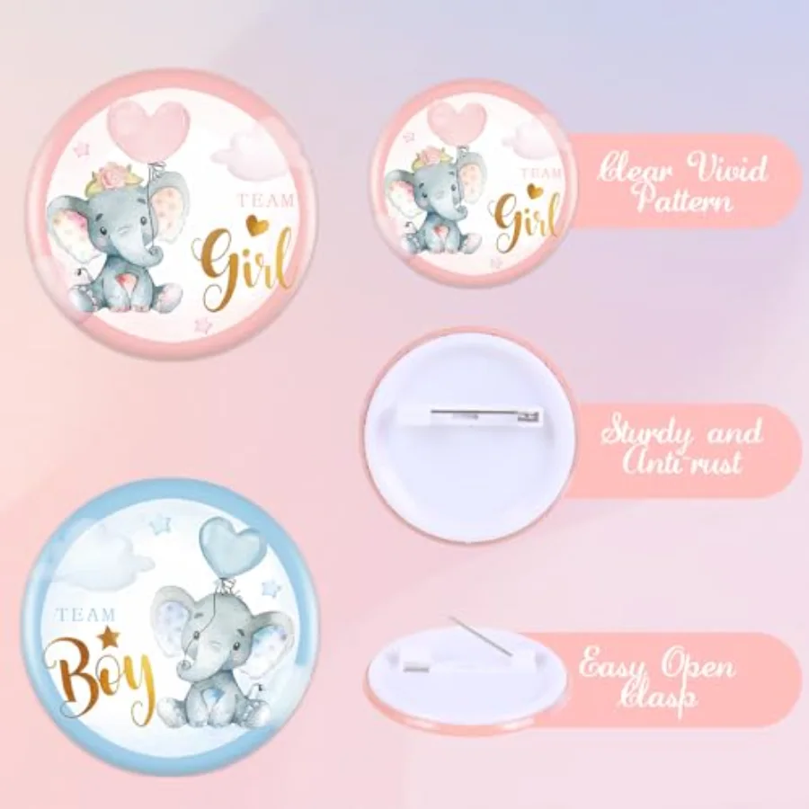 50 Pcs Elephant Balloon Gender Reveal Button Pink Blue Pins Team Girl Boy, view 3