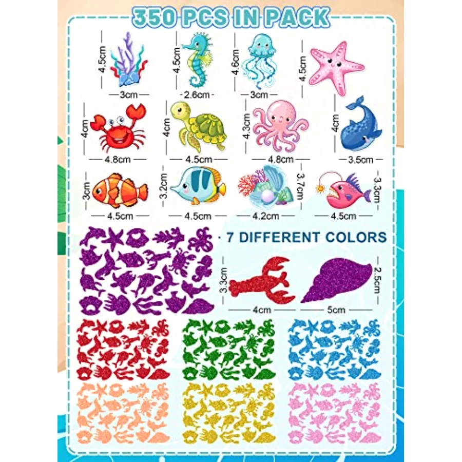 350Pcs Glitter Sea Animals Foam Stickers Colorful Ocean Life Decals, view 3