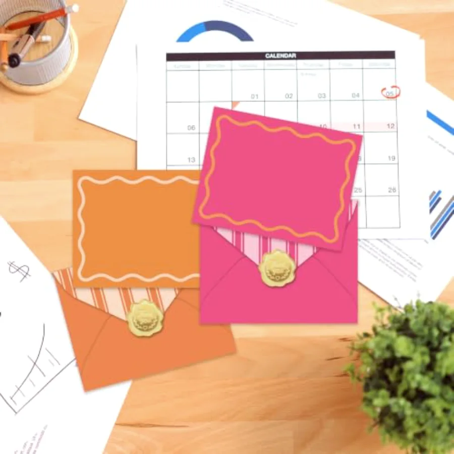 24Pcs Flat Blank Notes with Envelopes Pink-Orange Wavy Line Stripe Blank, view 4
