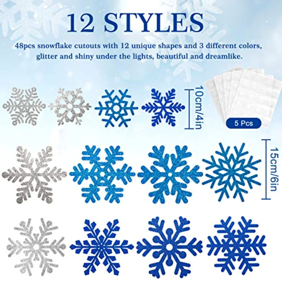 Snowflake Cut-Outs 48Pcs Glitter Blue Silver Snowflake Cutouts, view 3