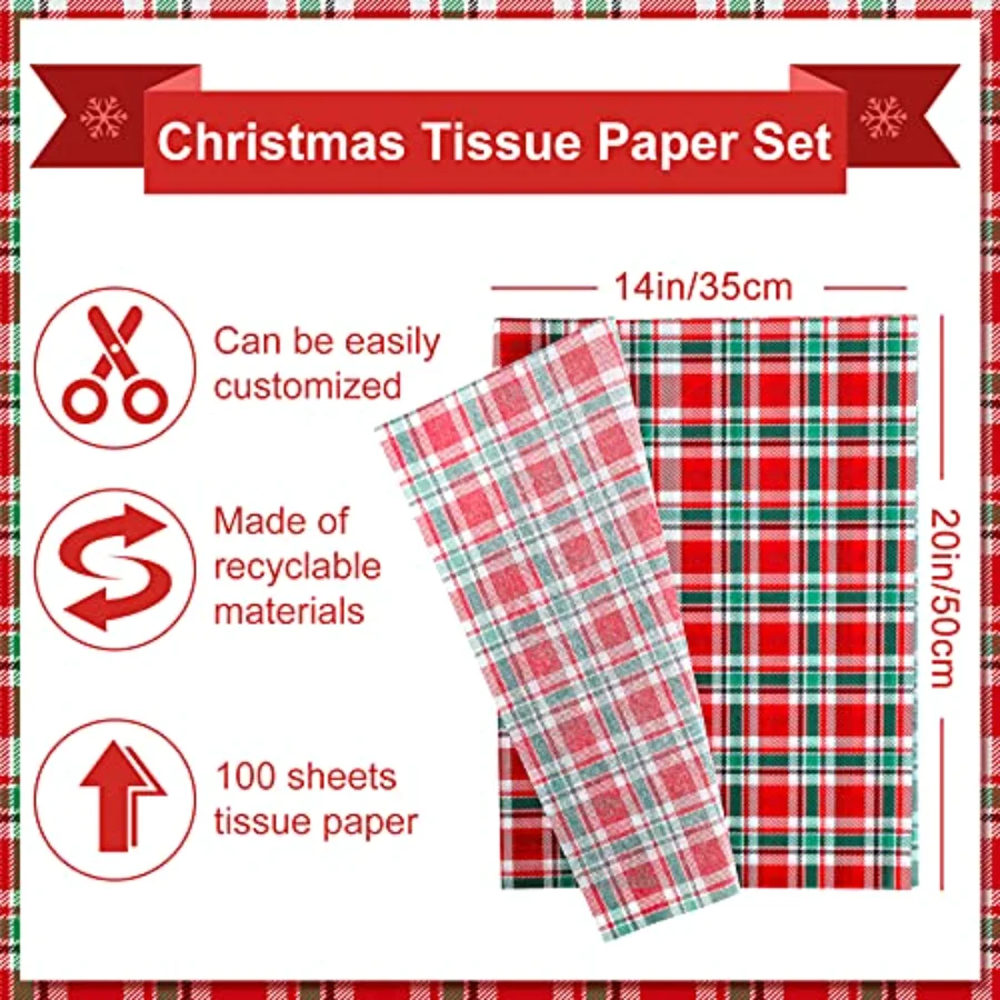 100 Sheets Christmas Tissue Paper Buffalo Plaid Wrapping Paper Red Green, view 2