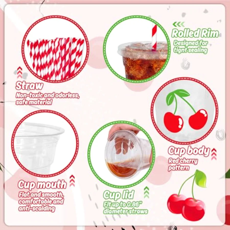 50 Pcs 12 Oz Cherry Disposable Plastic Cups with Lids and Straws Cute Red, view 3