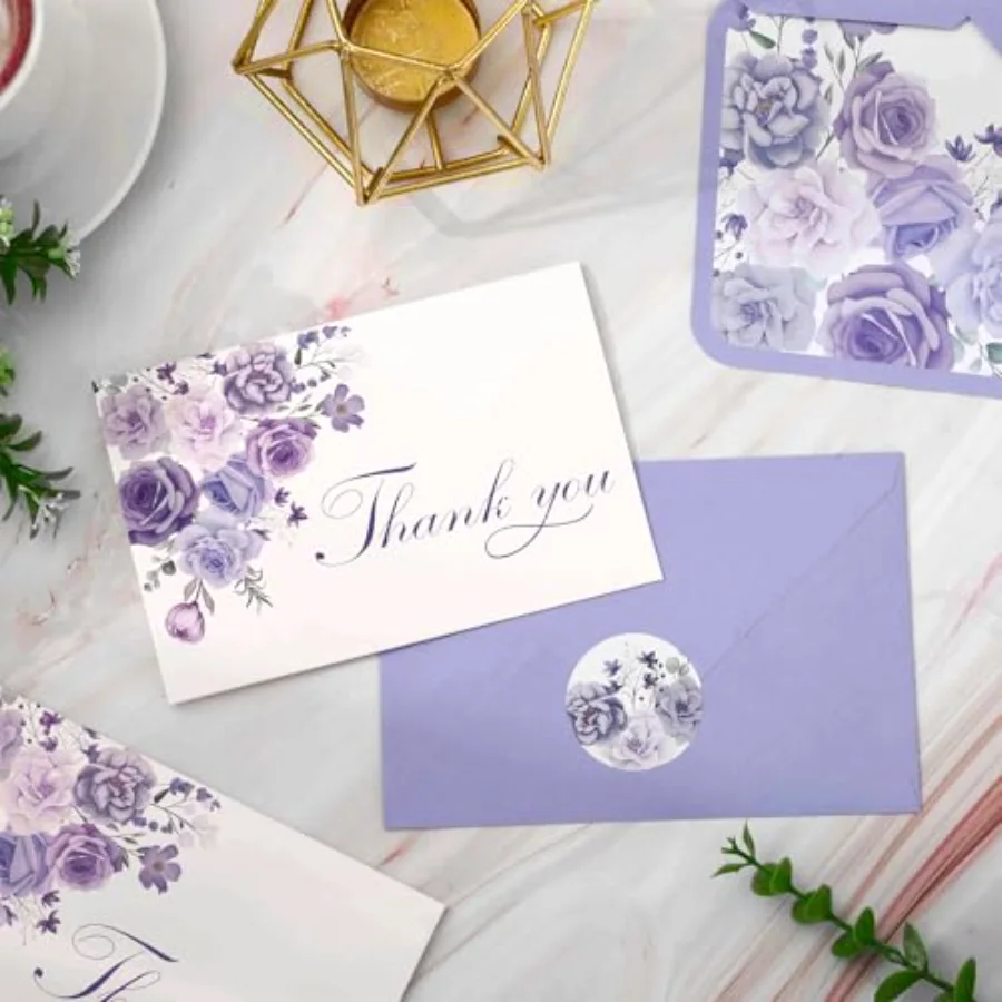 24Pcs Lavender Floral Thank You Cards with Envelopes and Stickers Purple, view 3
