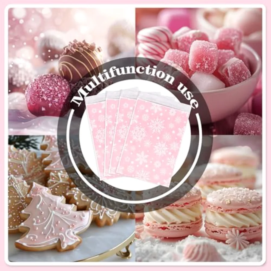 100Pcs Winter Snowflake Treat Bags Pink Self-Adhesive Snowflake Candy, view 4