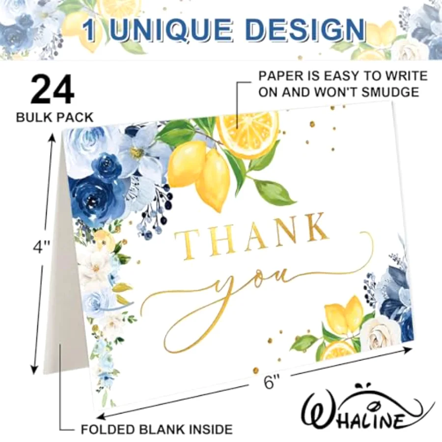 Blue Lemon Floral Thank You Cards Bulk Watercolor Flower Mediterranean, view 2