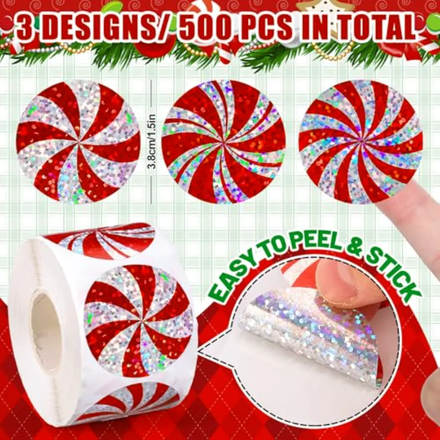 Christmas Candy Stickers Roll Holographic Seal Stickers Red Peppermint, view 2