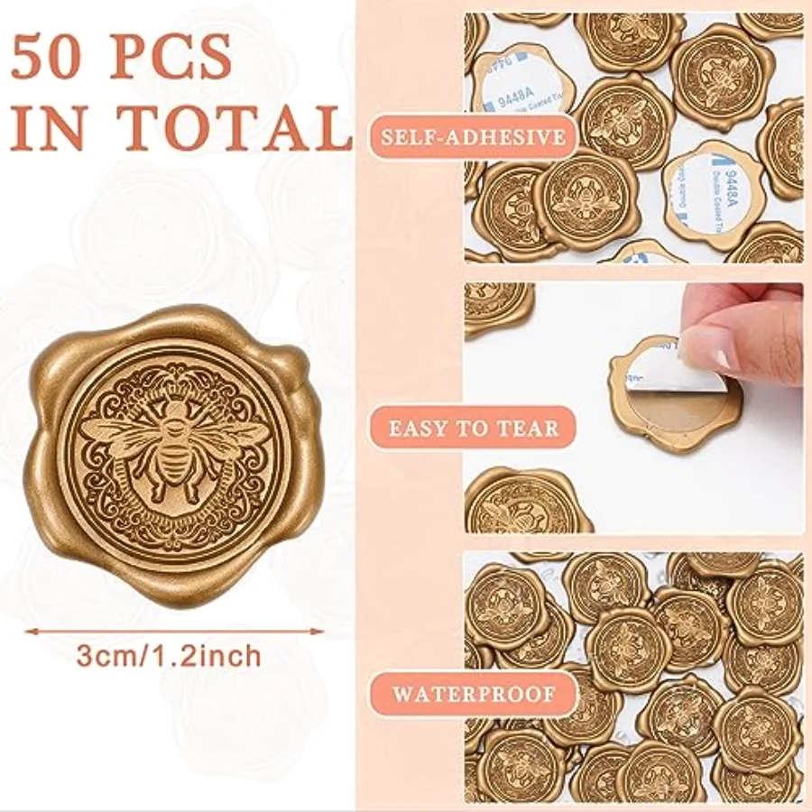 50 Pcs Wax Seal Envelope Seal Stickers Gold Bee 3D Self-Adhesive Embossed, view 2