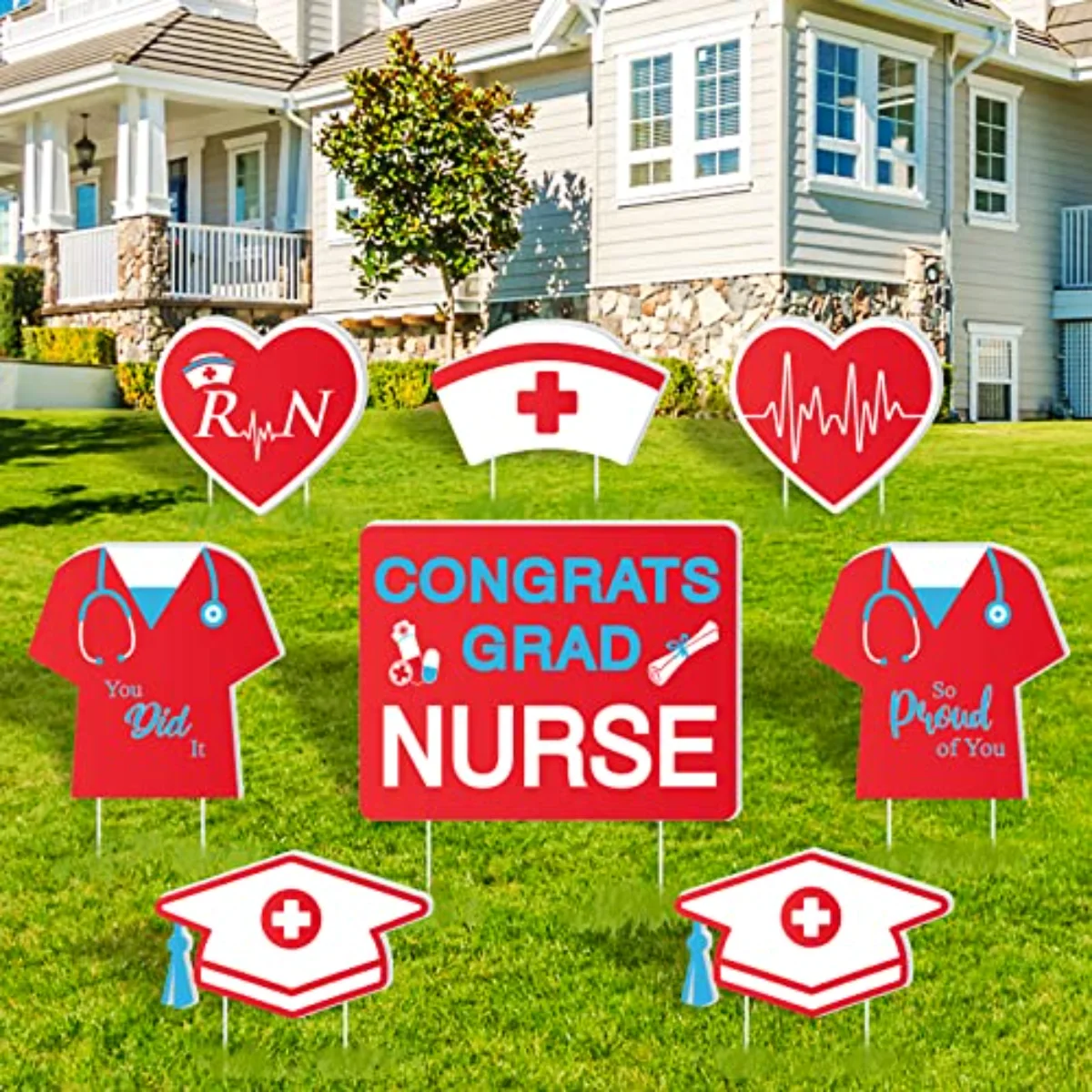 8Pcs Nurse Graduation Yard Signs with 16Pcs Stakes Grad Cap Nurse Cap Lawn