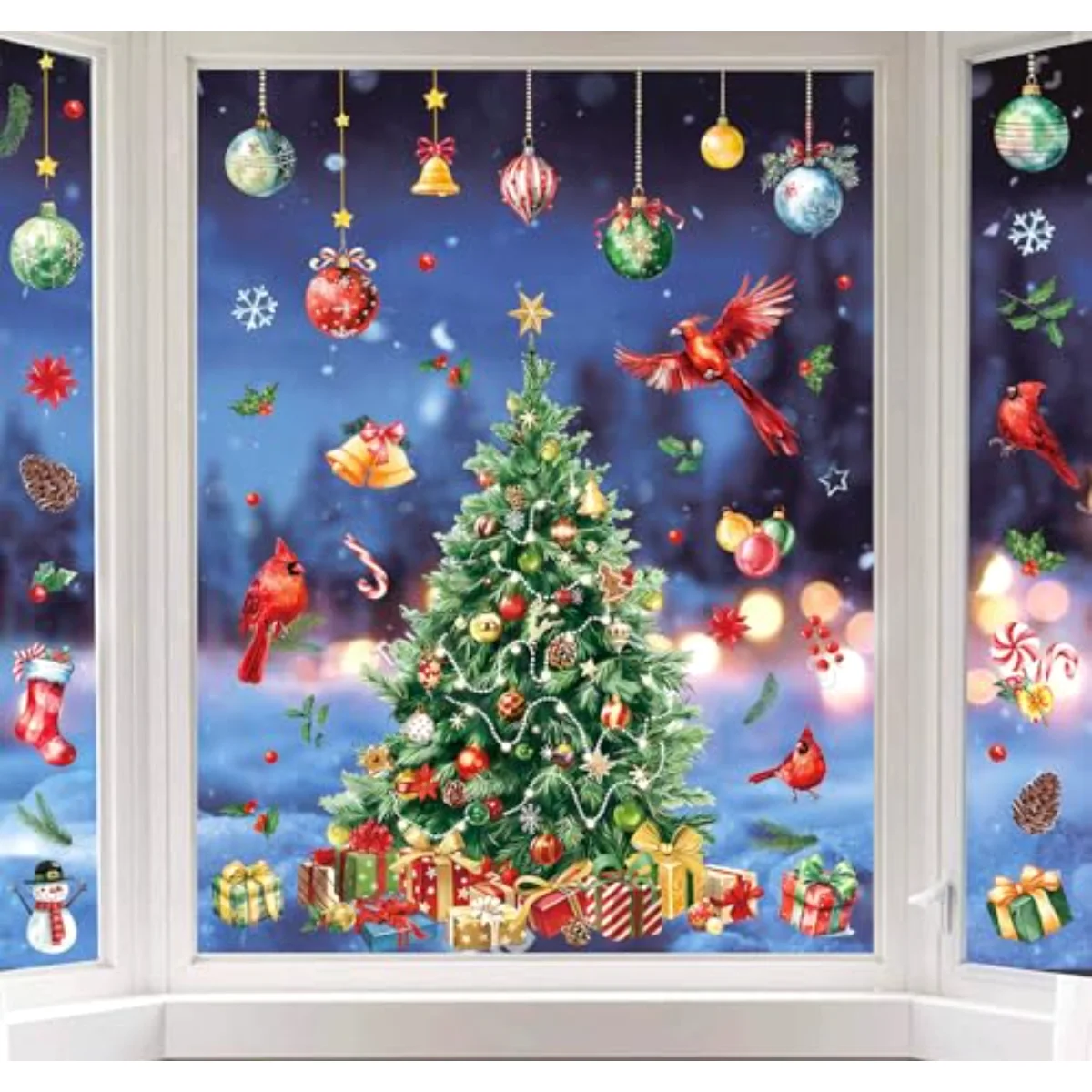 6 Sheet Large Christmas Window Clings Watercolor Xmas Tree Cardinal Bird