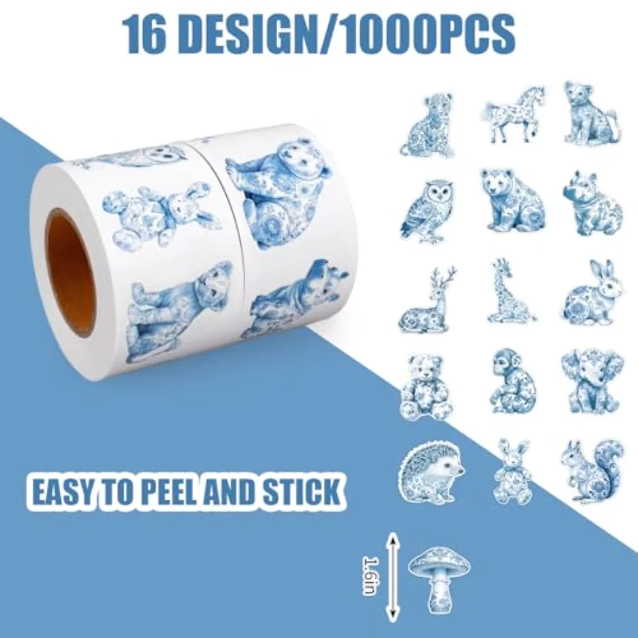 1000Pcs Wild Animal Sticker Roll Chinoiserie Wildlife Decals 16 Design, view 2