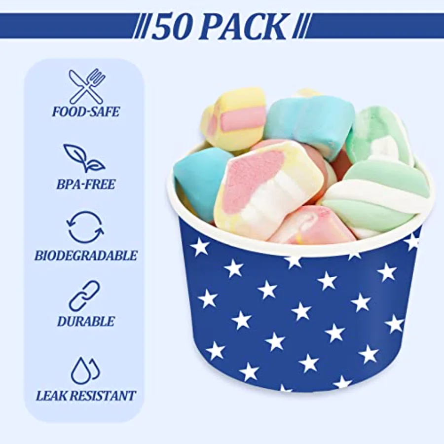 50Pcs Patriotic Treat Snack Cups 6.5 Oz Blue Star Disposable Paper Bowls, view 3