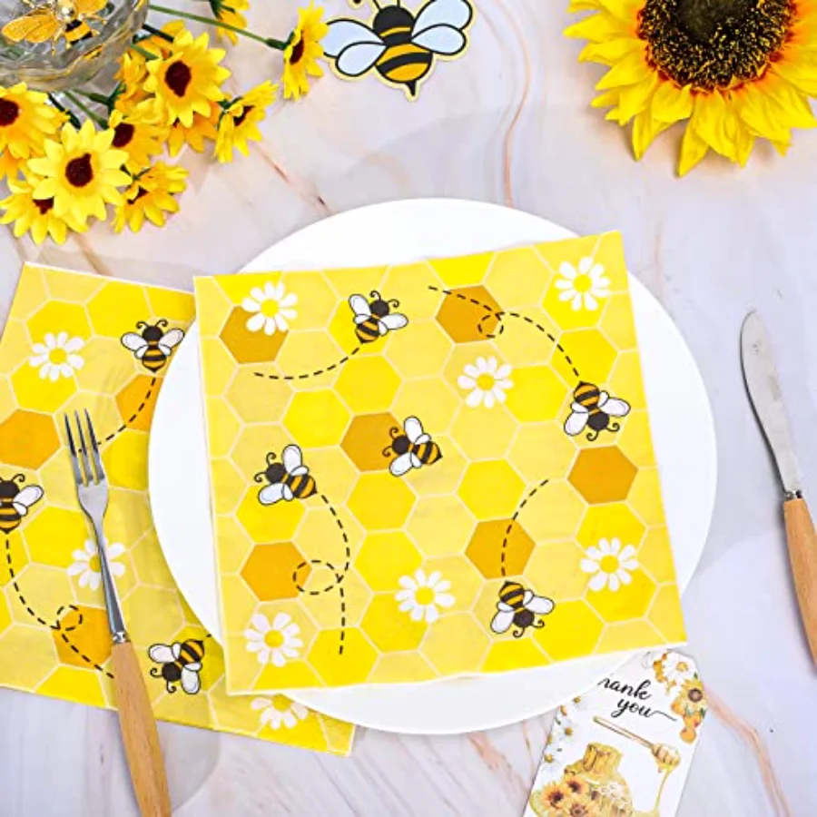 Bee Paper Napkins 6.5 x 6.5 Inch Bumblebee Daisies Print Disposable, view 3