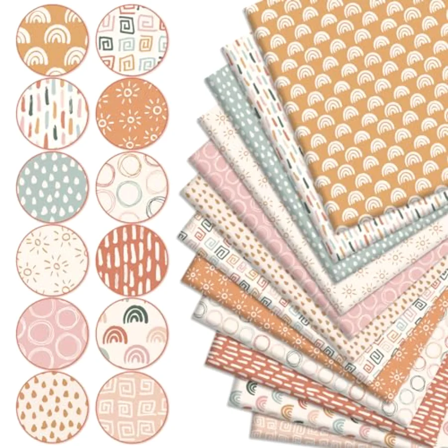 12Pcs Boho Cotton Fabric Bundles Boho Sun Circle Raindrops Fat Quarters, view 3