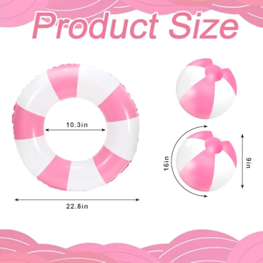 8Pcs White Pink Inflatable Swimming Float Toy Set Striped 22.8 in Swim, view 2