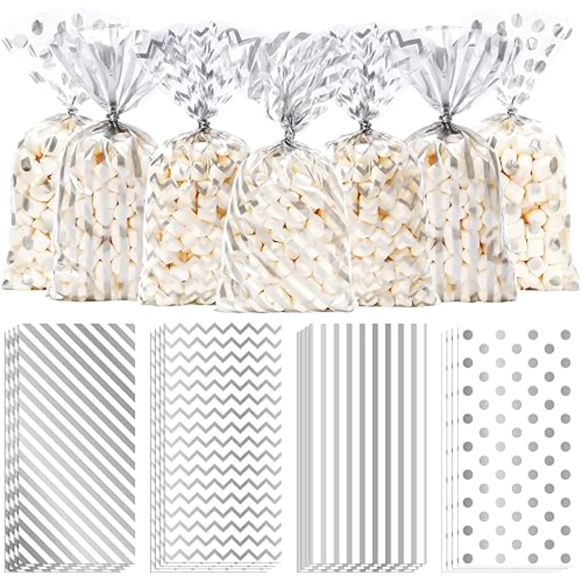 160 Pcs Silver Cellophane Bags with Twist Ties Stripe Wave Dot Print