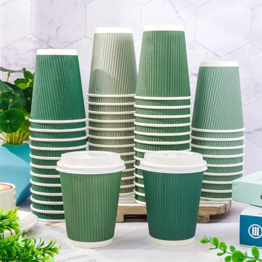 100Pcs Sage Green Disposable Coffee Cups with Lids 12oz Gradient Green, view 4