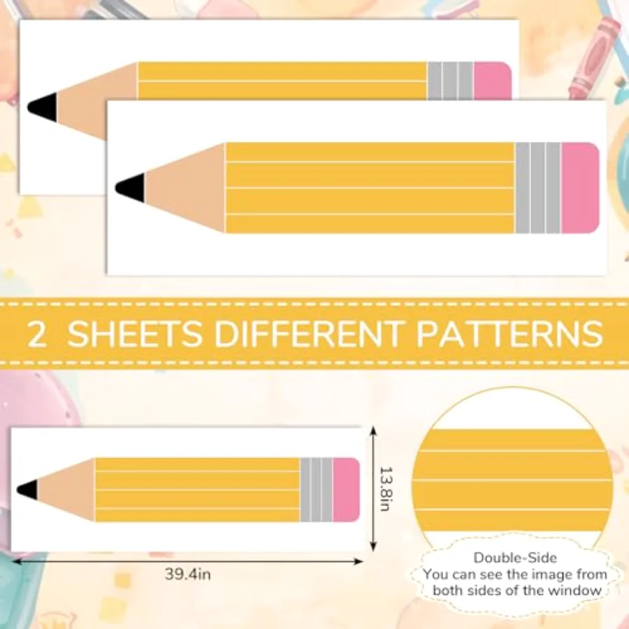 Extra Large Back to School Window Clings Double Sided Yellow Pencil Shaped, view 2
