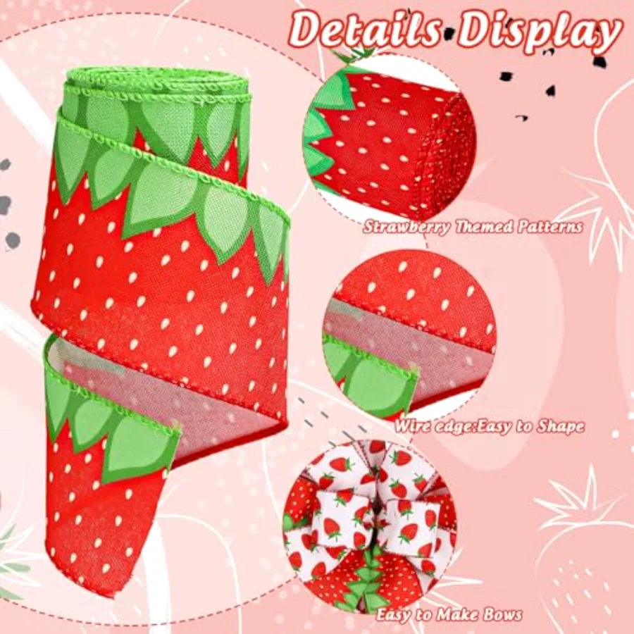 2 Rolls Strawberry Wired Edge Ribbon 2.5 Inch 10 Yards Red Green Fruit, view 3